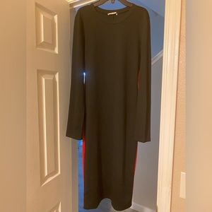 Gently worn long sleeve fitted midi dress with red & green side stripes